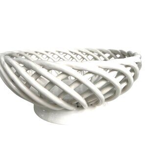 Vtg @Home Heavy White Porcelain Fruit Bread Basket Open Weave Lattice Design
